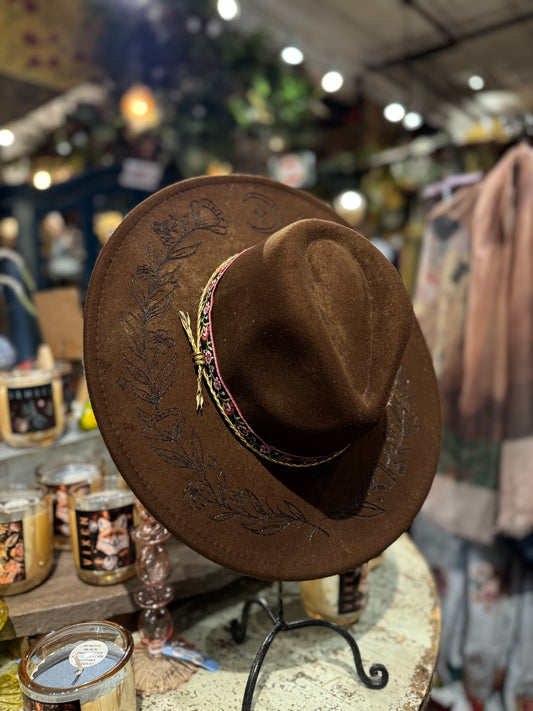 Burnt Floral Vines on NYMF Brown Marble Hat - Hannah King*