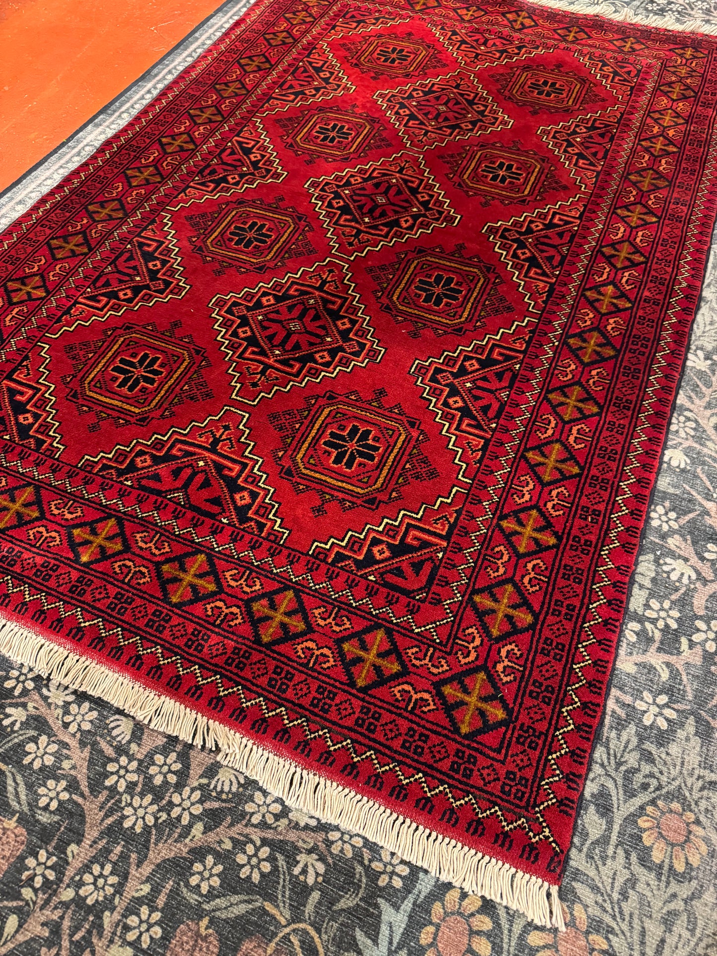 Handmade Wool Area Rug - Red Geometric Print