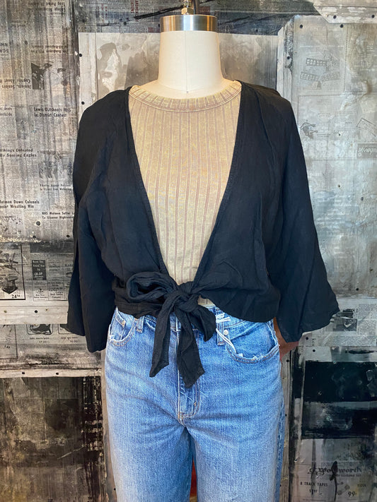 Linen, 3/4 Sleeve Wrap, Front Tie Top - Black