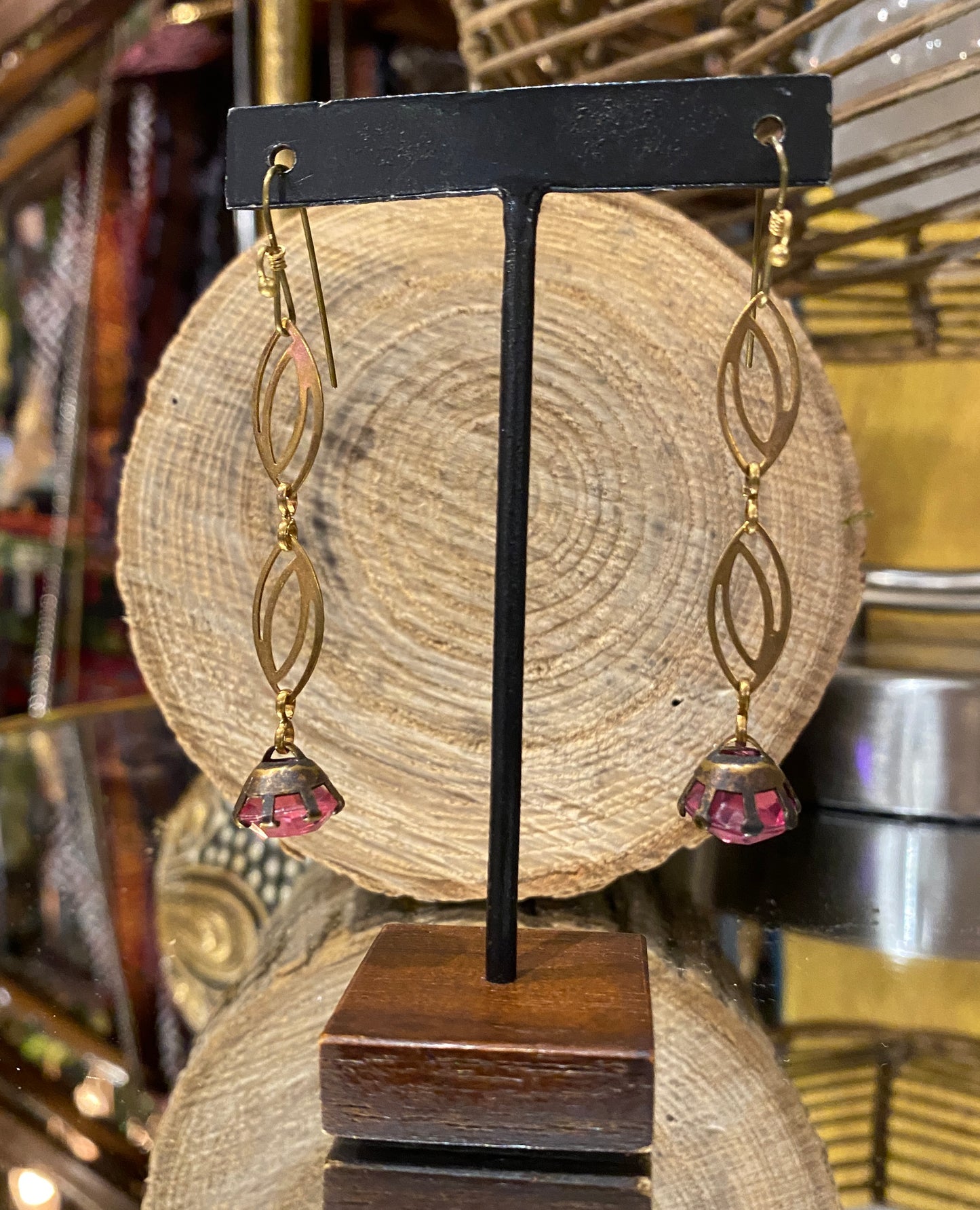 Vintage Glass & Brass Chain Earrings - Pink