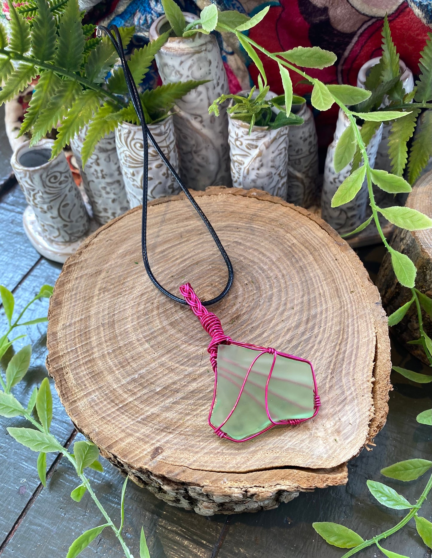 Hot Pink Wire Wrapped Uranium Glass Necklace #IV107