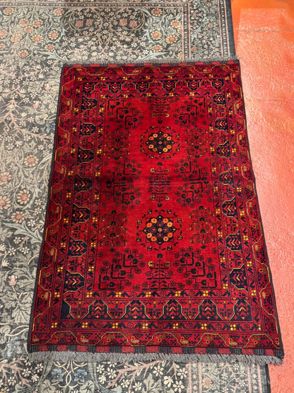 Handmade Wool Area Rug - Red & Yellow Floral Print
