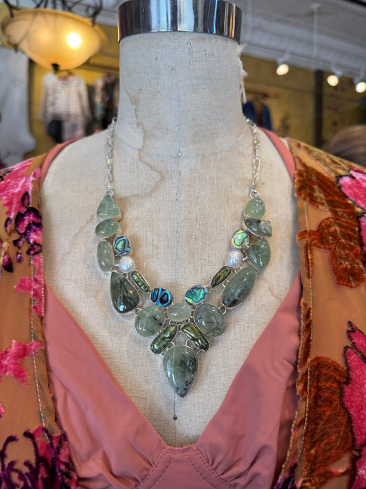 Prehnite, Abalone &Green Pearl Cluster Necklace