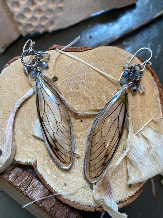 Cicada Wings On Sterling Ring w/ Microfaceted Stones Earrings (1) *E265