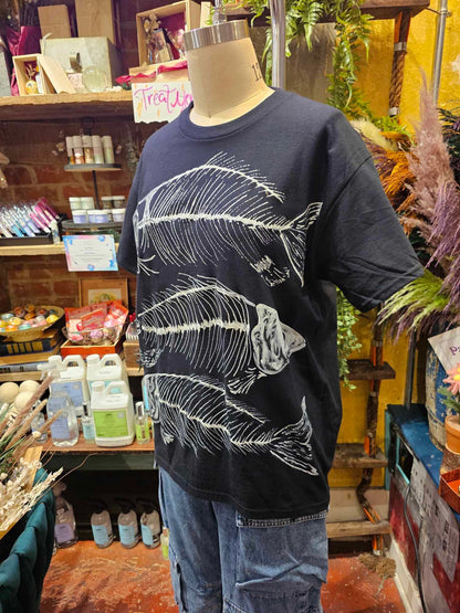 Black Fishbones Tee - Handpainted & Upcycled - IH7*