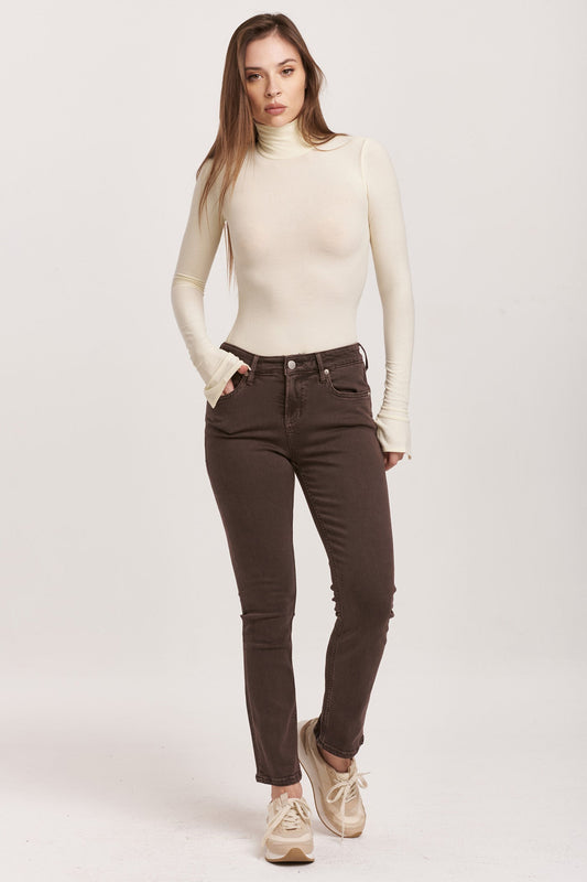 Blaire Mid Rise Straight Leg Jean - Mocha Brown