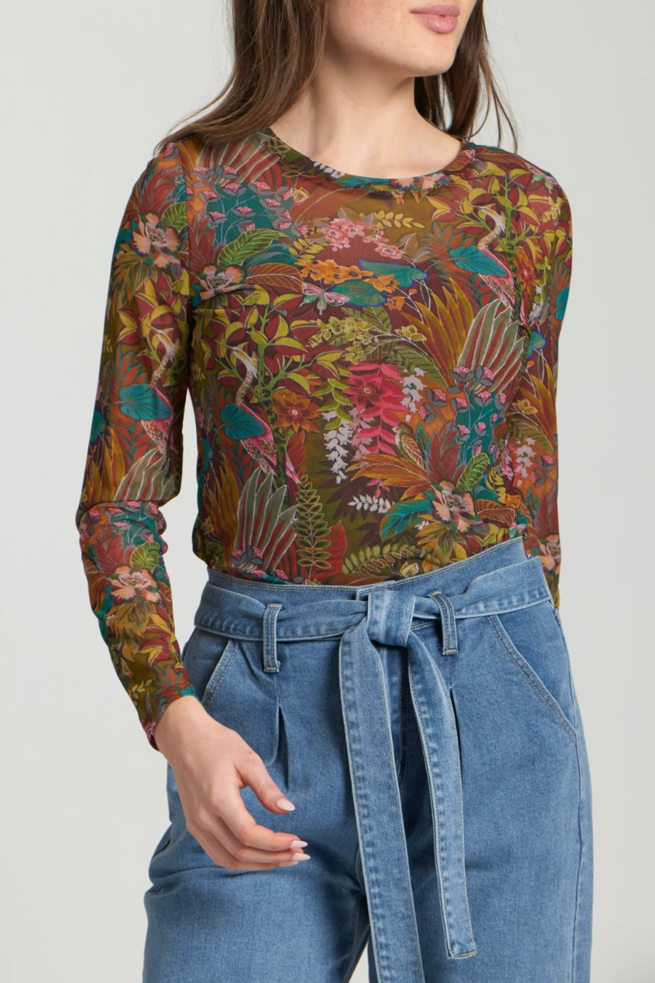 Long Sleeve Mesh Top - Olive Multi