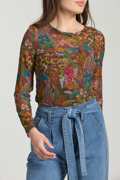 Long Sleeve Mesh Top - Olive Multi