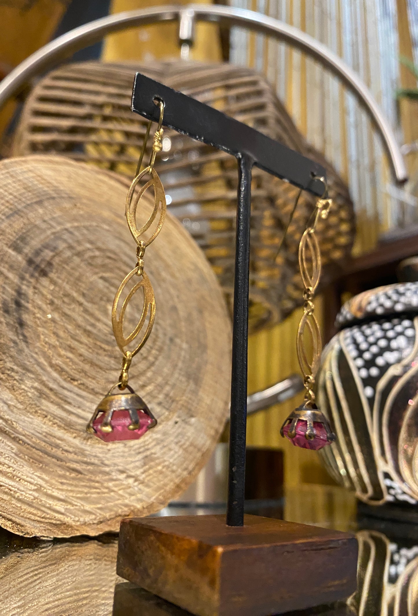Vintage Glass & Brass Chain Earrings - Pink