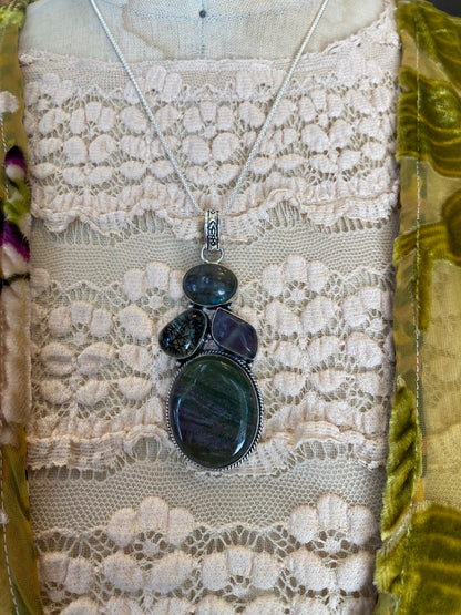 Labradorite Fluorite Black Rutilated Quartz Agate Pendant