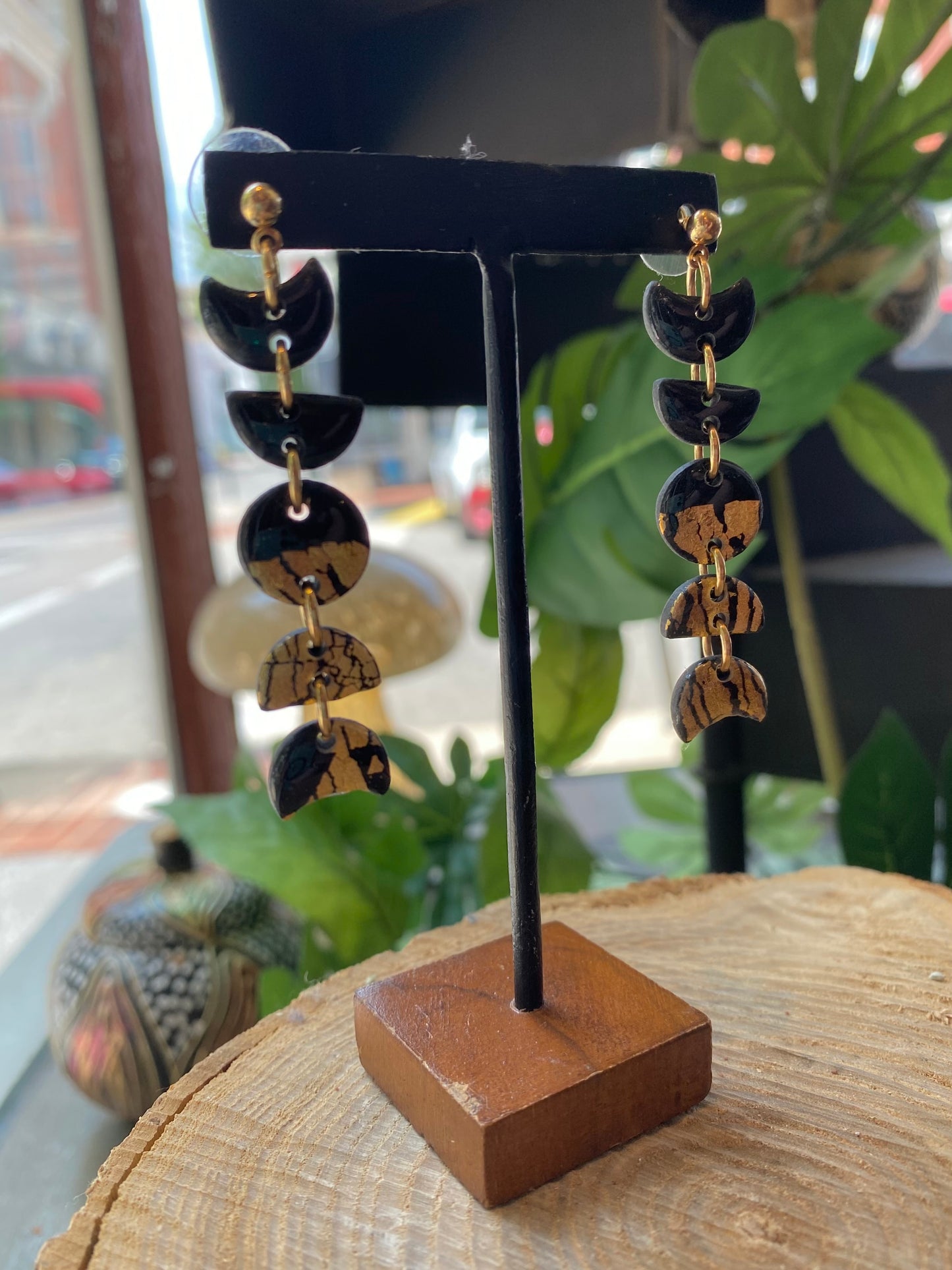 Small Moon Phase Dangles - Black with Gold Leaf *E11