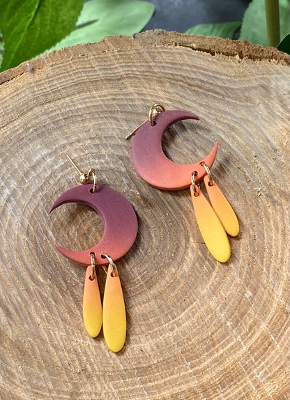 Purple/Orange Ombre Crescent Moon Dangles *E19