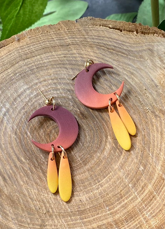 Purple/Orange Ombre Crescent Moon Dangles *E19