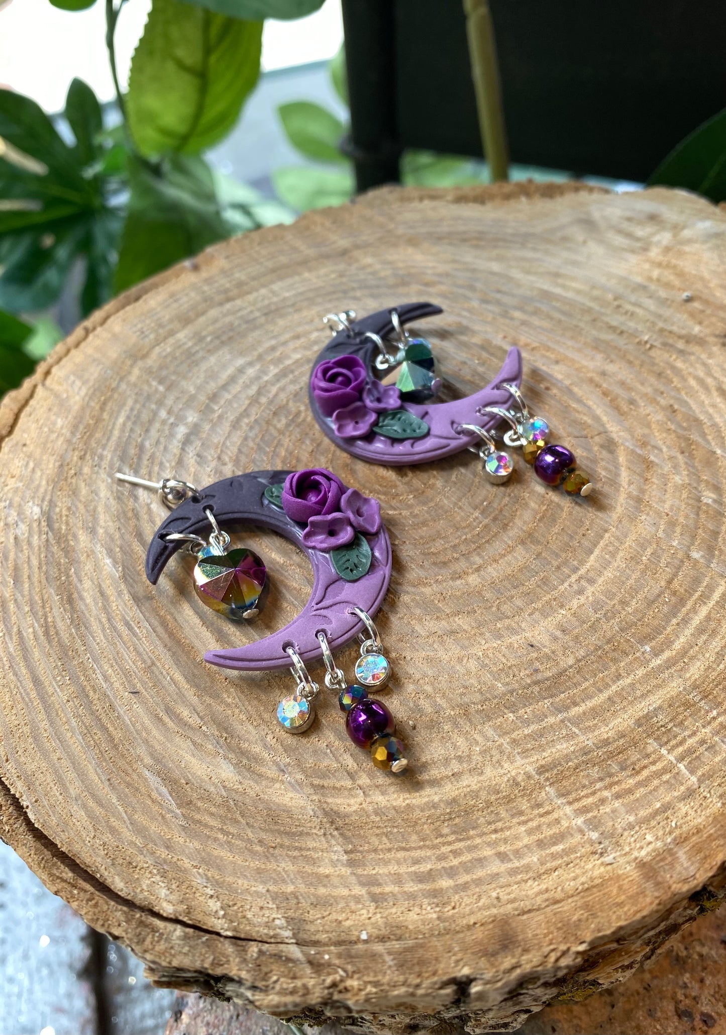 Purple Crescent Moon Dangles *E18