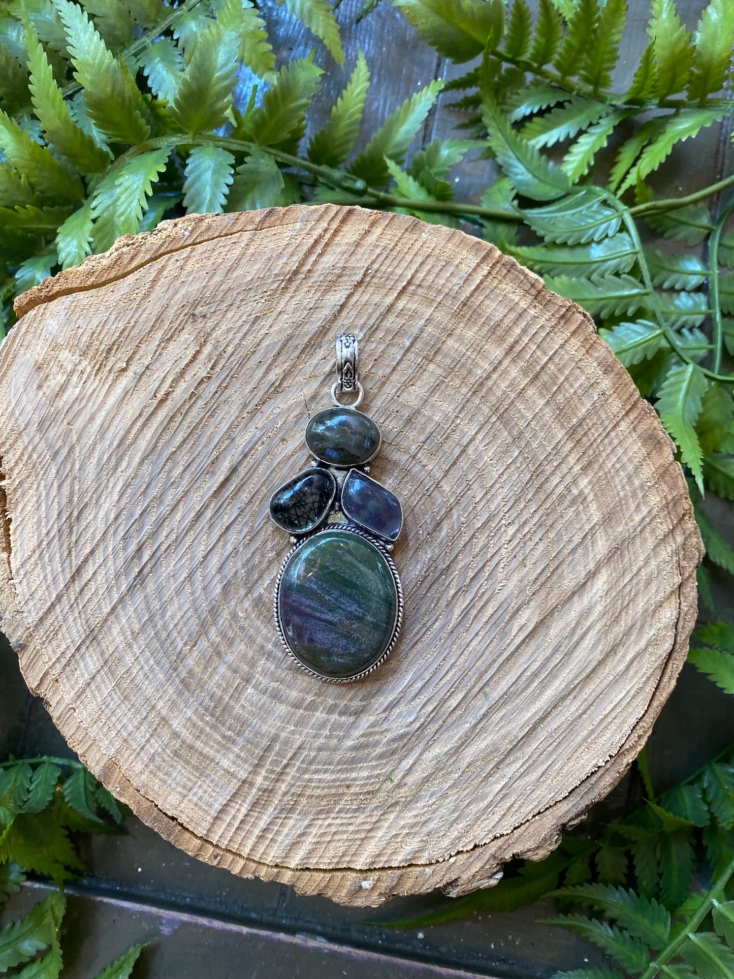 Labradorite Fluorite Black Rutilated Quartz Agate Pendant