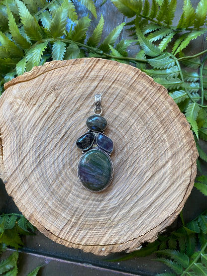 Labradorite Fluorite Black Rutilated Quartz Agate Pendant