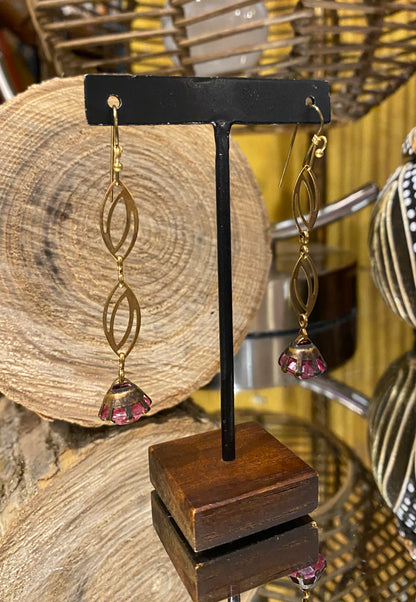 Vintage Glass & Brass Chain Earrings - Pink
