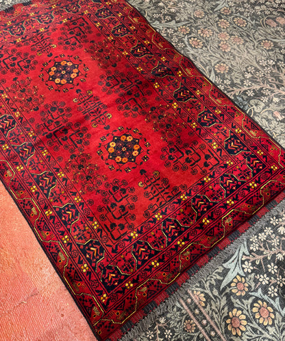 Handmade Wool Area Rug - Red & Yellow Floral Print