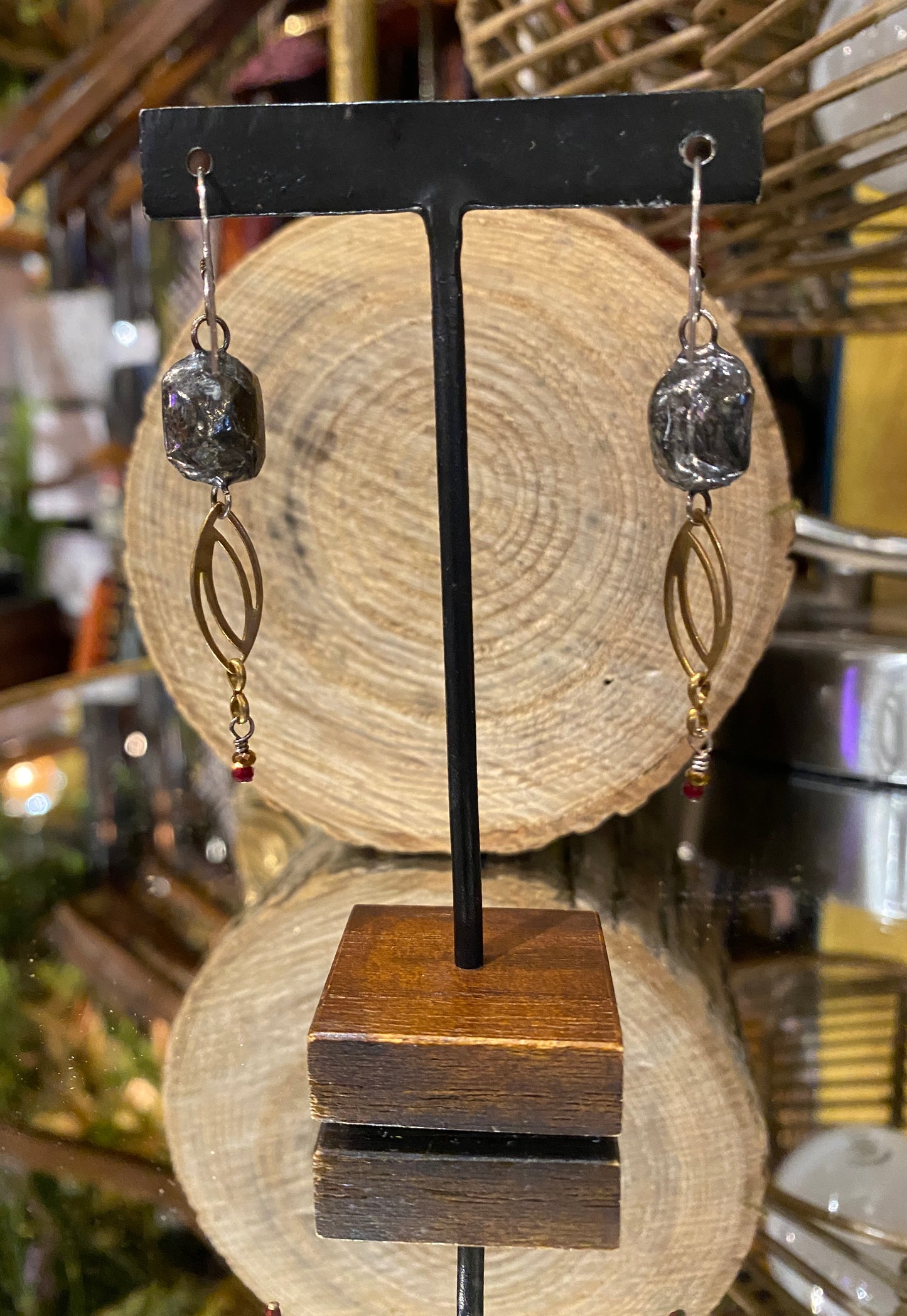 Vintage Glass & Brass Chain Earrings - Red