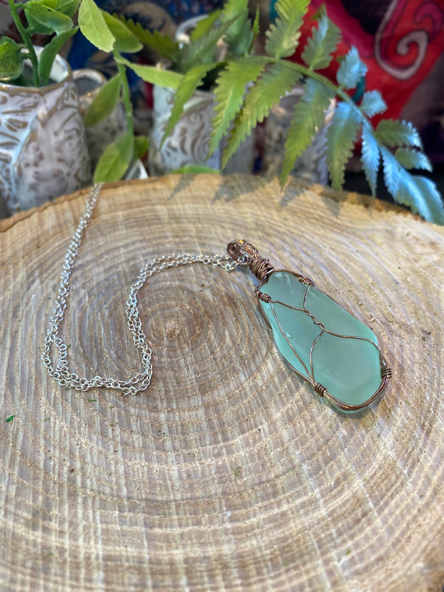 Bronze/Copper Wrapped Uranium Glass Necklace #IV115