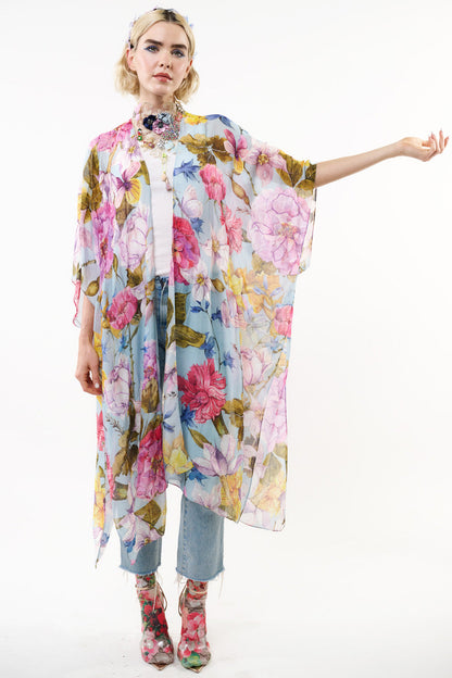 Roman Holiday Hand-Beaded Kimono - Sky Floral