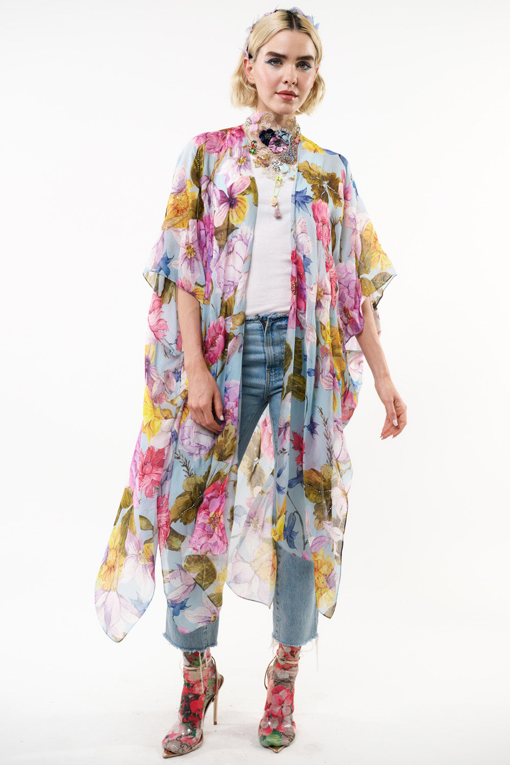 Roman Holiday Hand-Beaded Kimono - Sky Floral