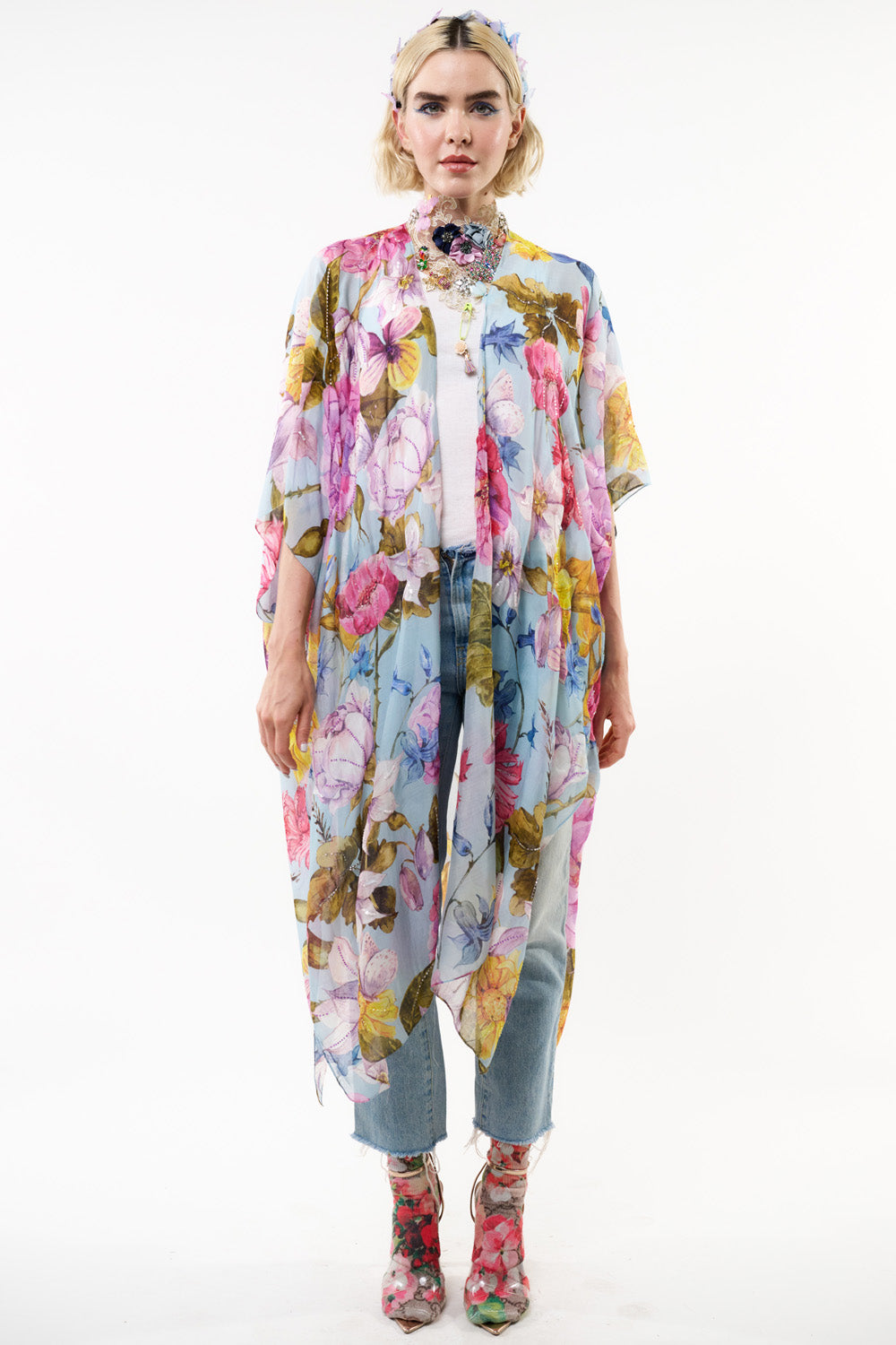 Roman Holiday Hand-Beaded Kimono - Sky Floral