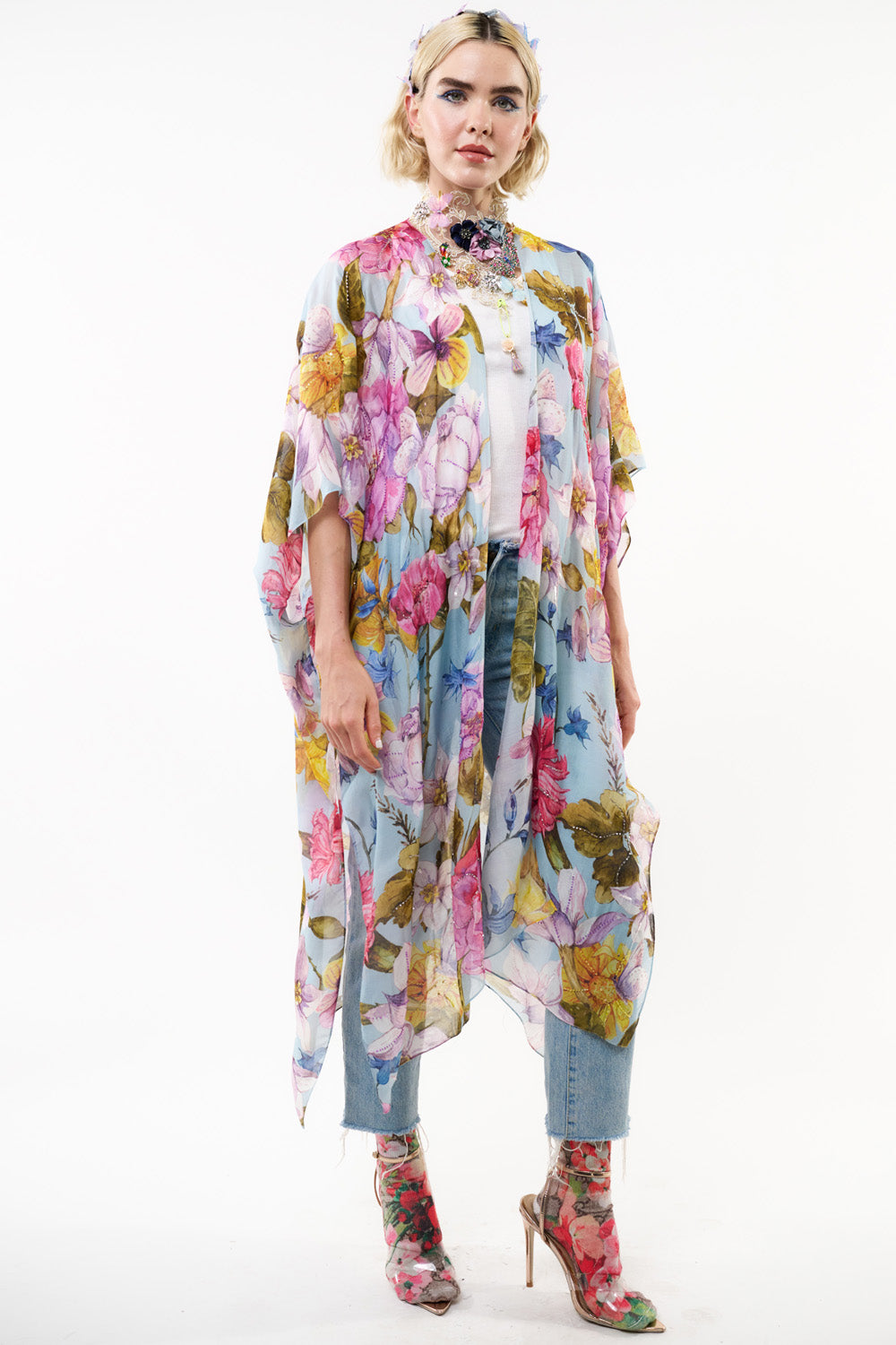 Roman Holiday Hand-Beaded Kimono - Sky Floral