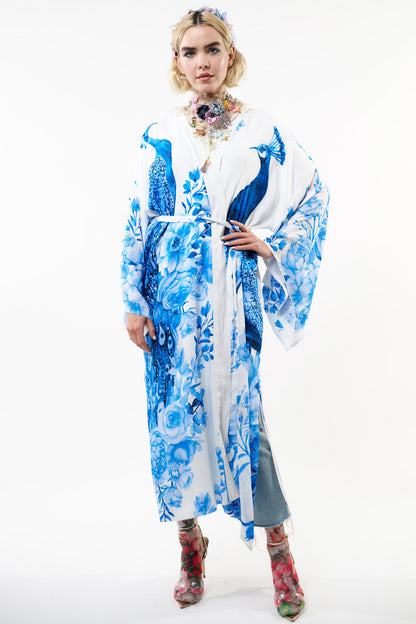 Fantasy Kimono - White Peacock Print