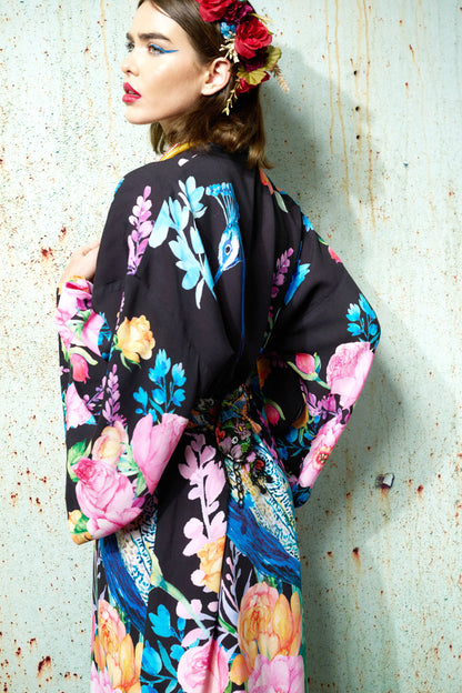 Fantasy Kimono - Black Peacock Print