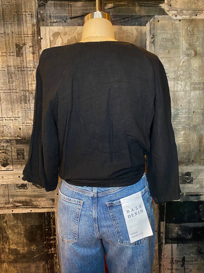 Linen, 3/4 Sleeve Wrap, Front Tie Top - Black