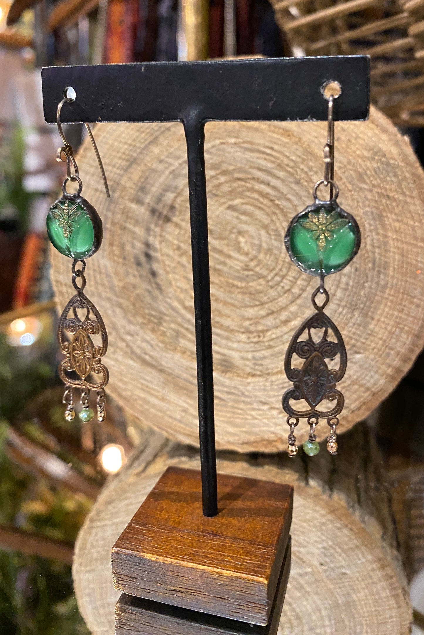 Vintage Green Deco Glass Earrings