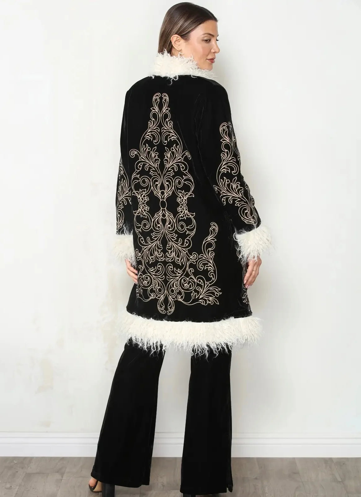 Velvet Embroidered Coat with Fur Trim