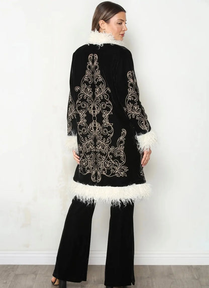 Velvet Embroidered Coat with Fur Trim
