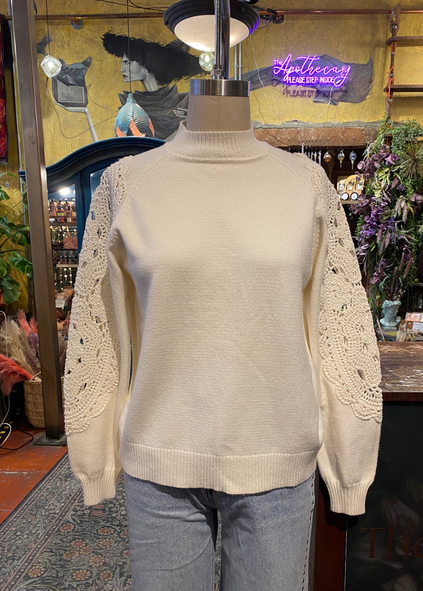 Crochet Sleeve Mock Neck - Ecru