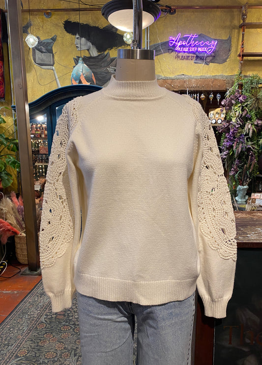Crochet Sleeve Mock Neck - Ecru