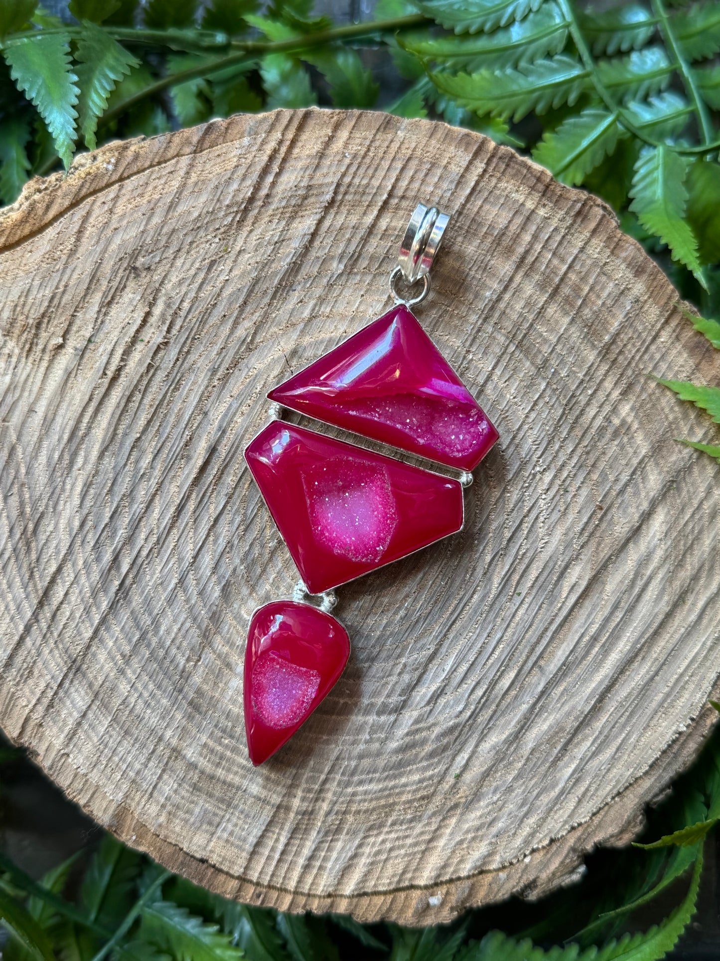 Triple Fuchsia Druzy Pendant