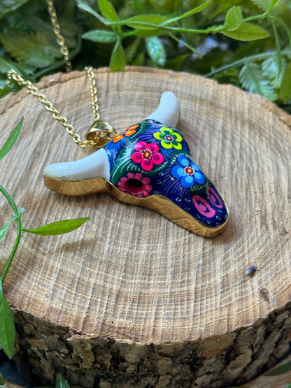 Hand Painted Ceramic Cow Skull Necklace