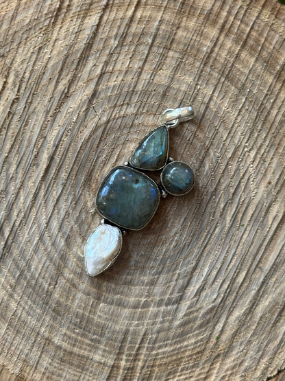 Triple Labradorite & Pearl Cluster Pendant
