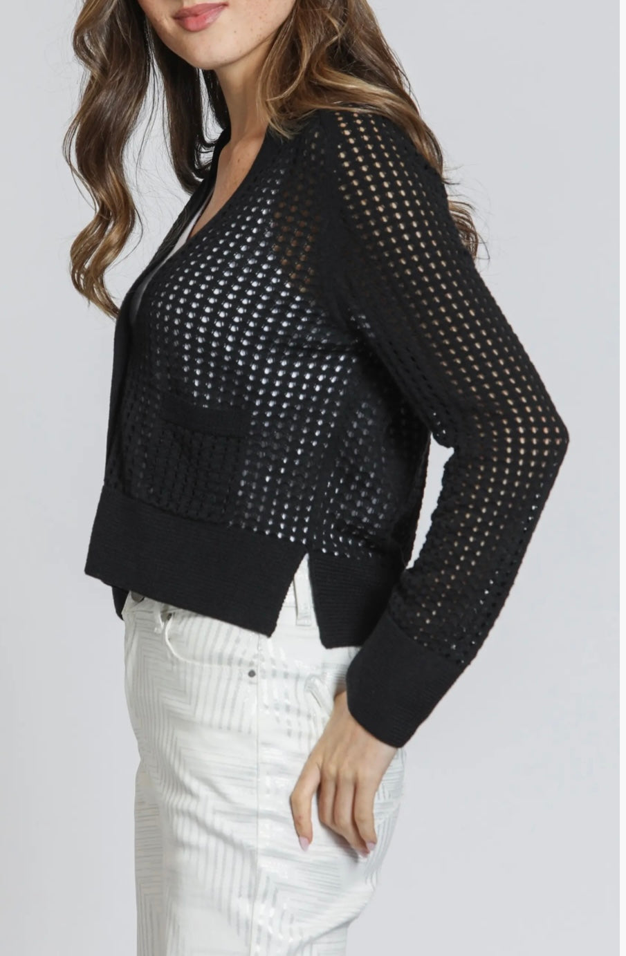 Cropped Open Knit Cardigan - Black