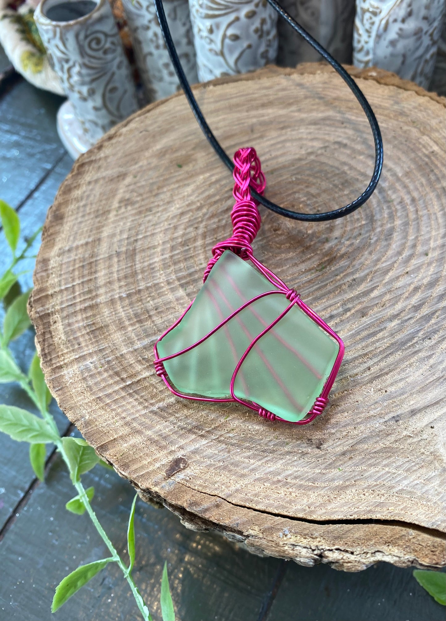 Hot Pink Wire Wrapped Uranium Glass Necklace #IV107