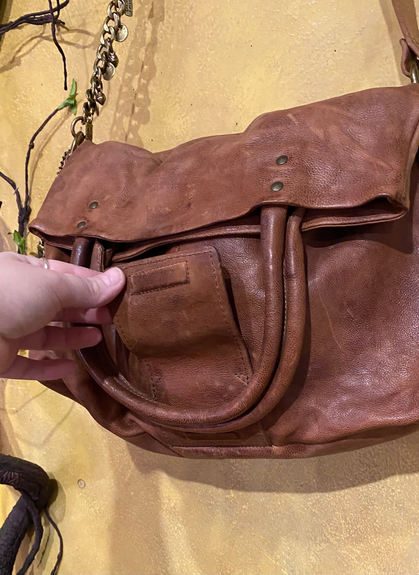 Folded Top Leather Crossbody Bag - Camel