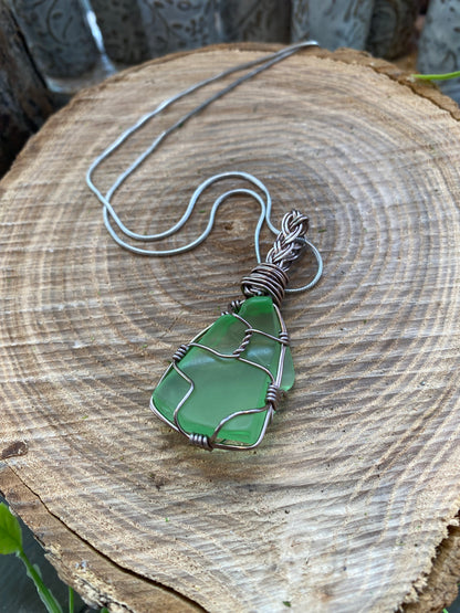Silver Wrapped Uranium Glass Necklace #IV114