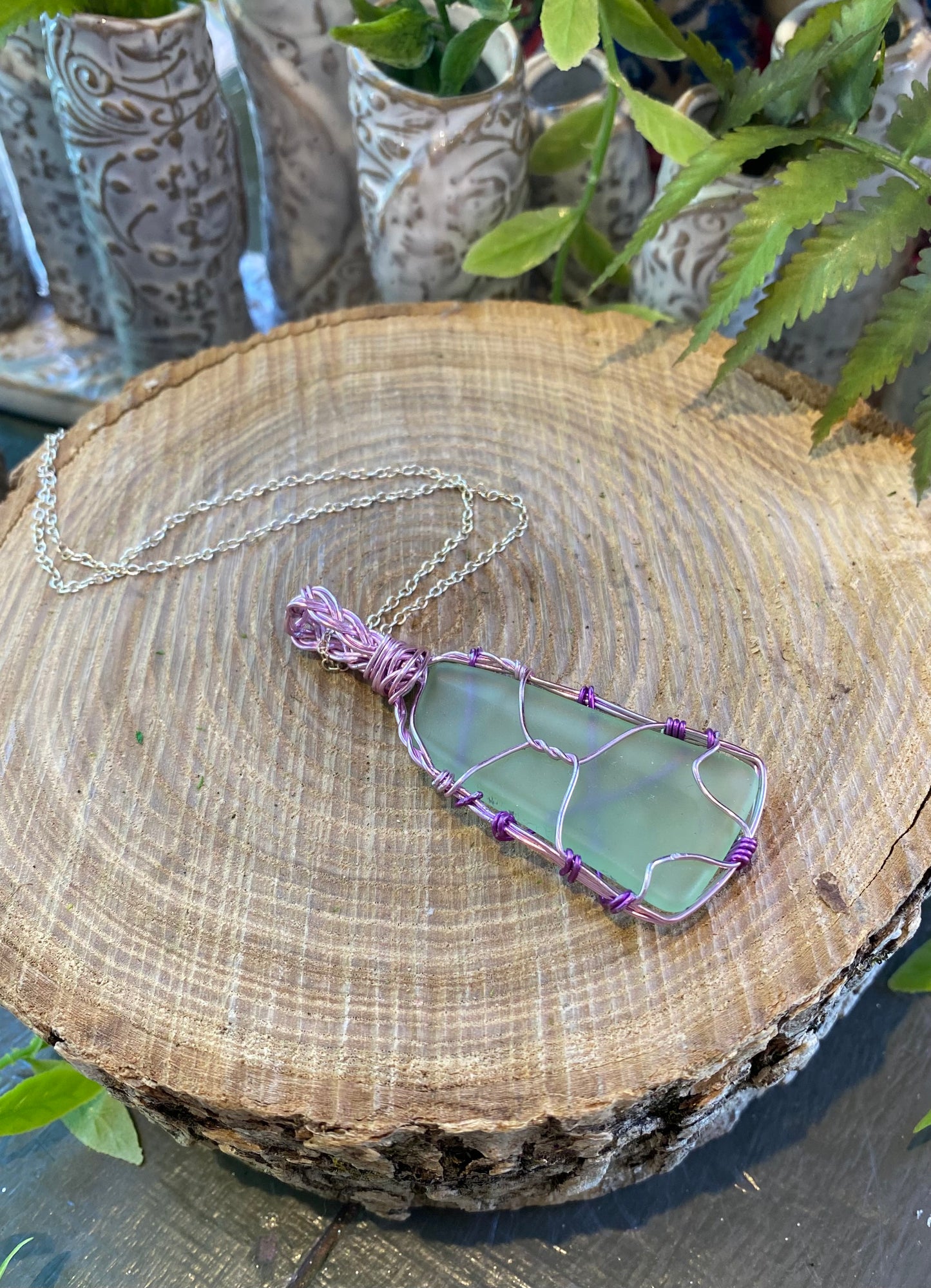 Light Pink Wire Wrapped Uranium Glass Necklace #IV108