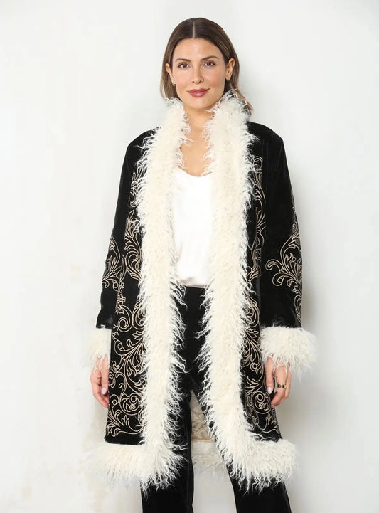 Velvet Embroidered Coat with Fur Trim
