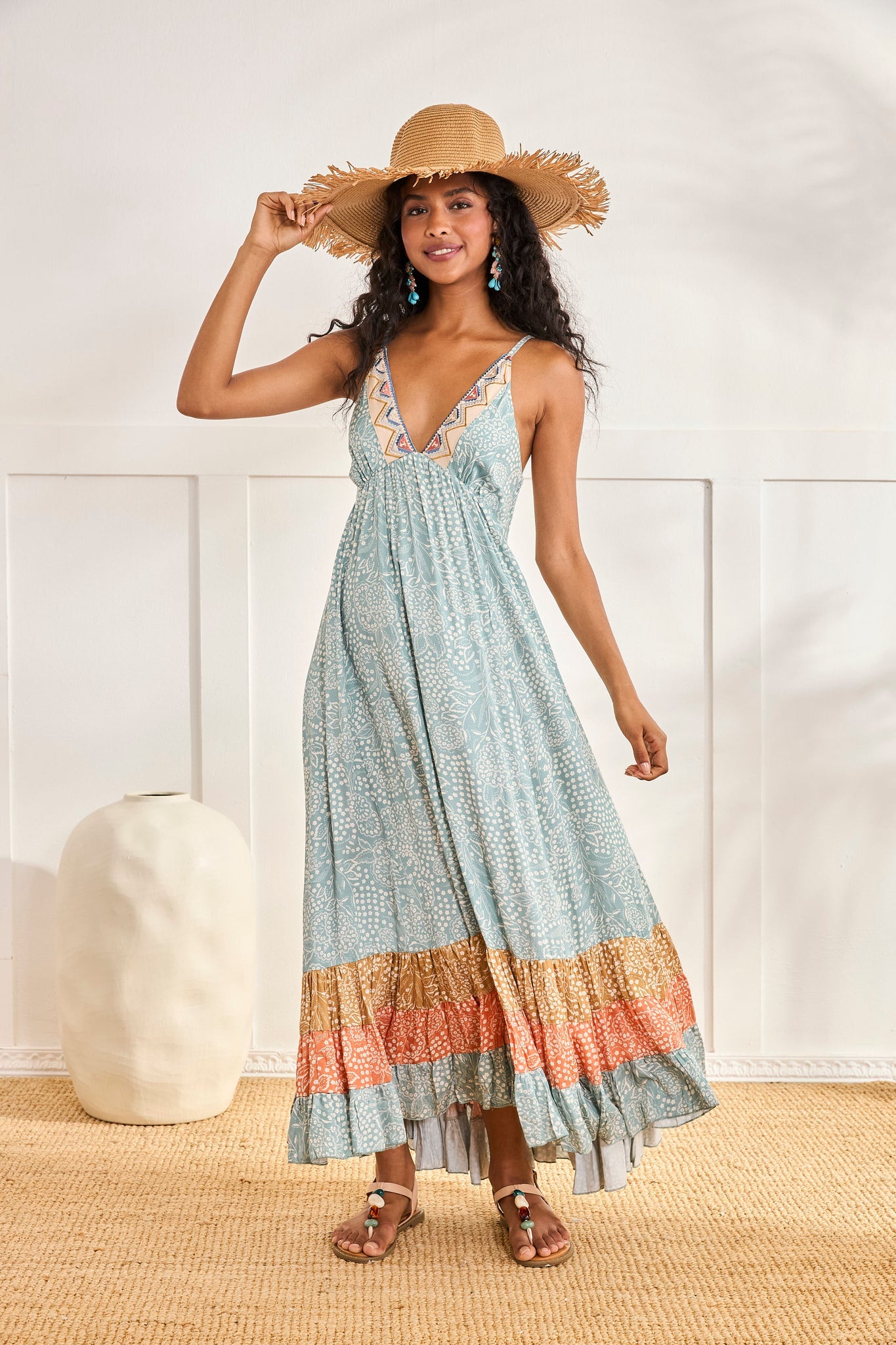 Long Multi Color Embroidered Print Dress