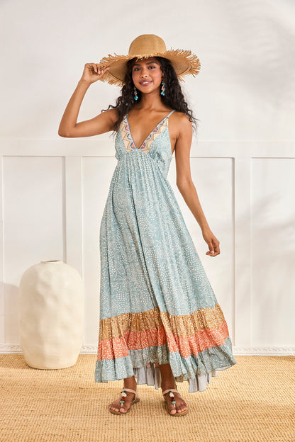 Long Multi Color Embroidered Print Dress