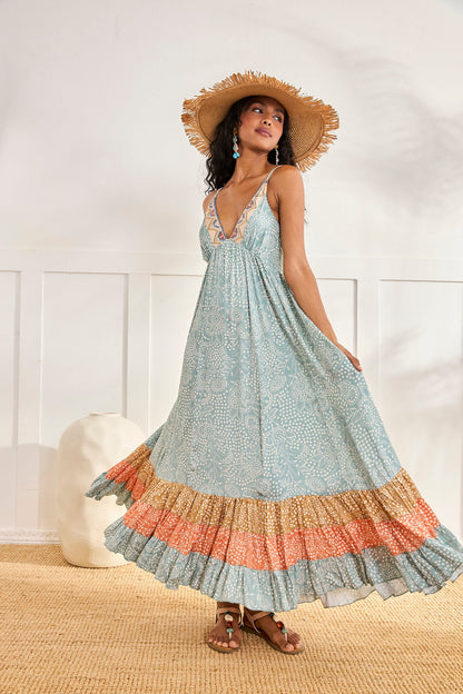 Long Multi Color Embroidered Print Dress
