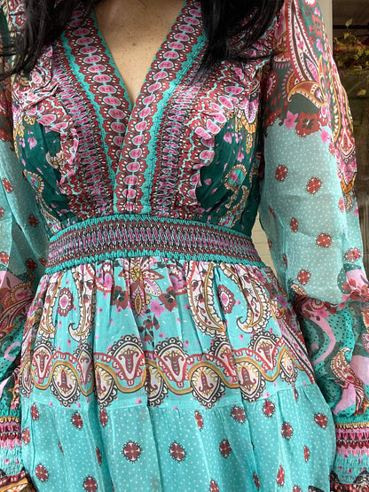 Long Sleeve Floral Maxi Dress - Teal