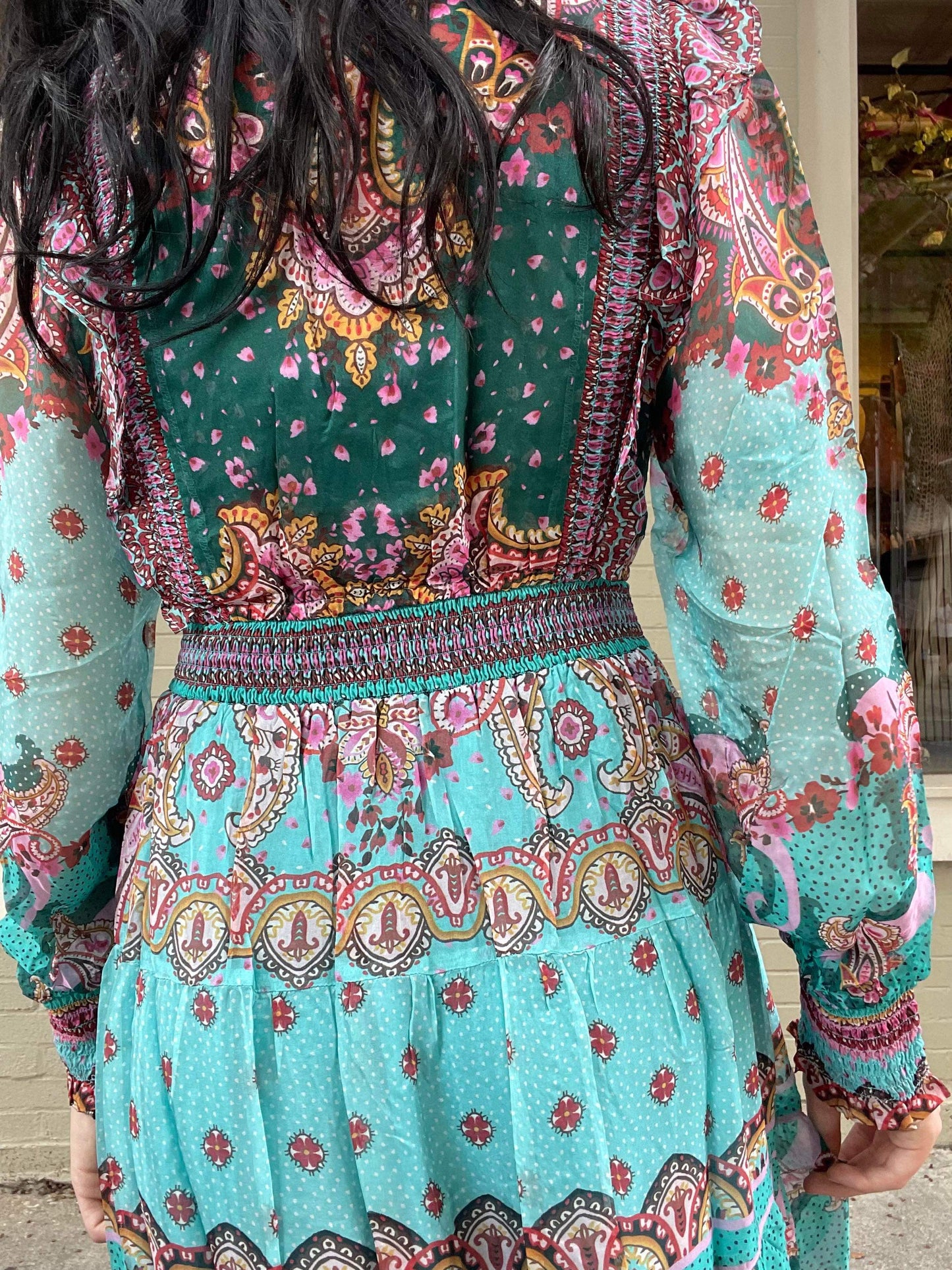 Long Sleeve Floral Maxi Dress - Teal